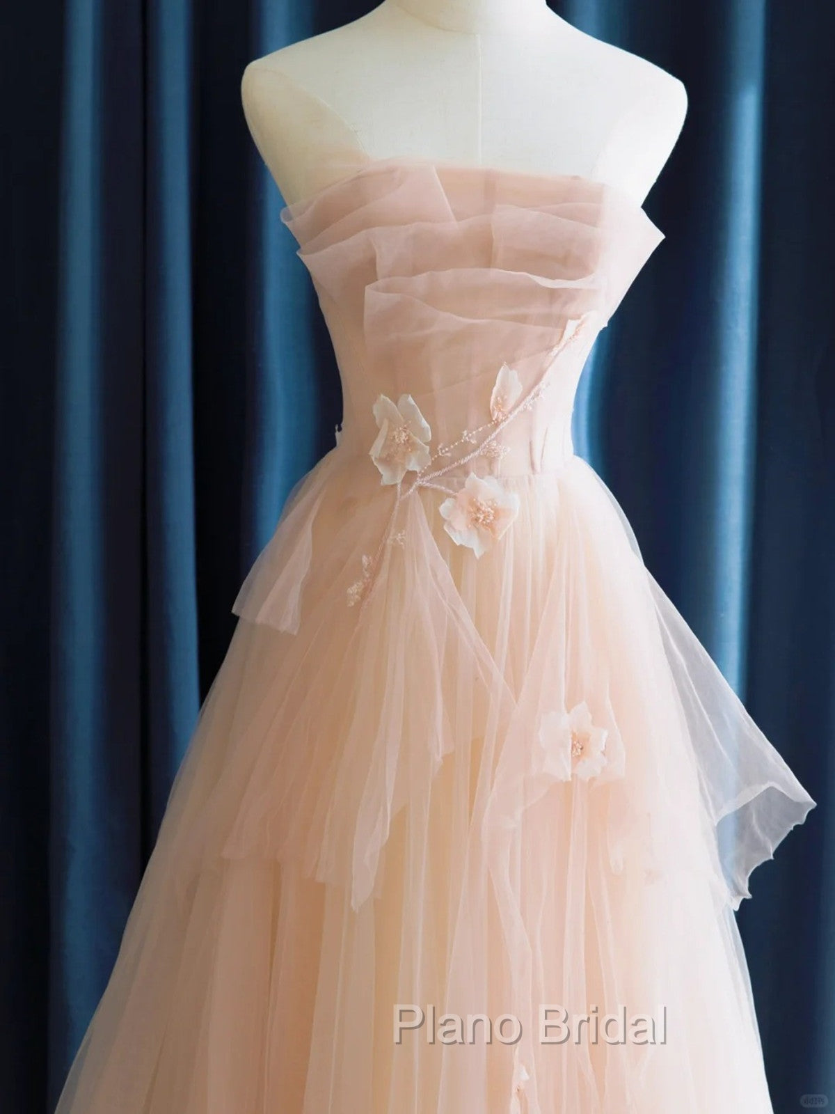 Cute Pink  Strapless Tulle Long Formal Dresses with Flowers, Pink Tulle Formal Prom Dresses Secondary image