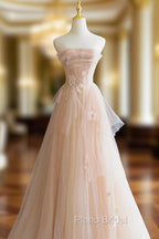 Cute Pink  Strapless Tulle Long Formal Dresses with Flowers, Pink Tulle Formal Prom Dresses