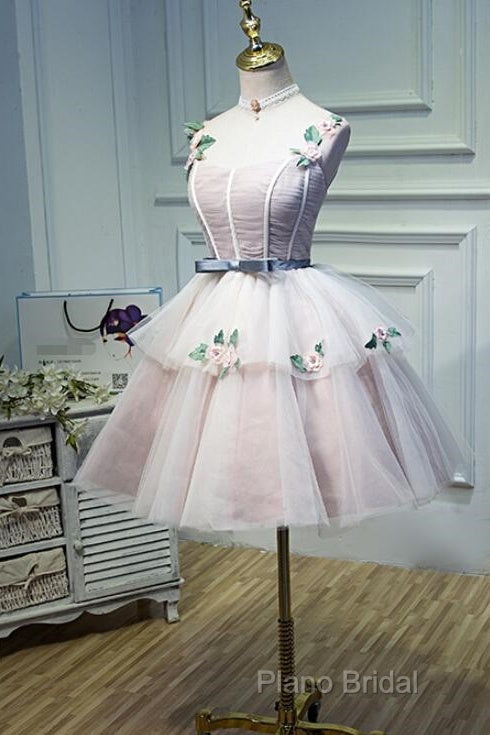Cute Pink Tulle Short Flowers Lace Layers Formal Dresses, Pink Short Homecoming Dresses