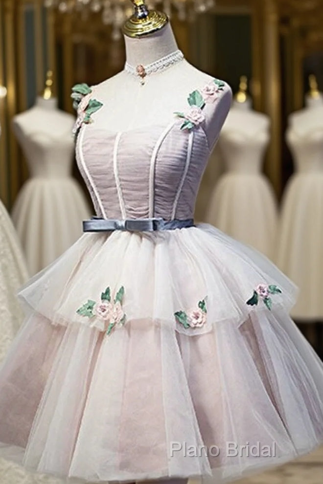Cute Pink Tulle Short Flowers Lace Layers Formal Dresses, Pink Short Homecoming Dresses