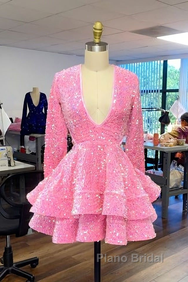 Cute Pink V Neck Long Sleeves Homecoming Dresses Secondary image