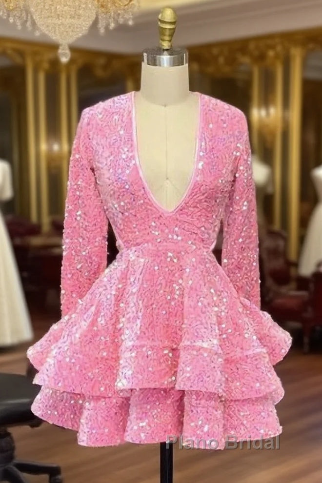 Cute Pink V Neck Long Sleeves Homecoming Dresses Main image