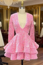 Cute Pink V Neck Long Sleeves Homecoming Dresses