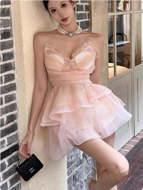 Cute Puffy Pink V Neck Mini Birthday Dresses Homecoming Dresses