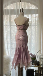 Cute Purple Strap Beaded Chiffon Mermaid Short Formal Prom Dresses