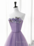 Cute Purple Tulle A-Line Long Formal Prom Dresses With Flowers, Purple Tulle Party Dresses