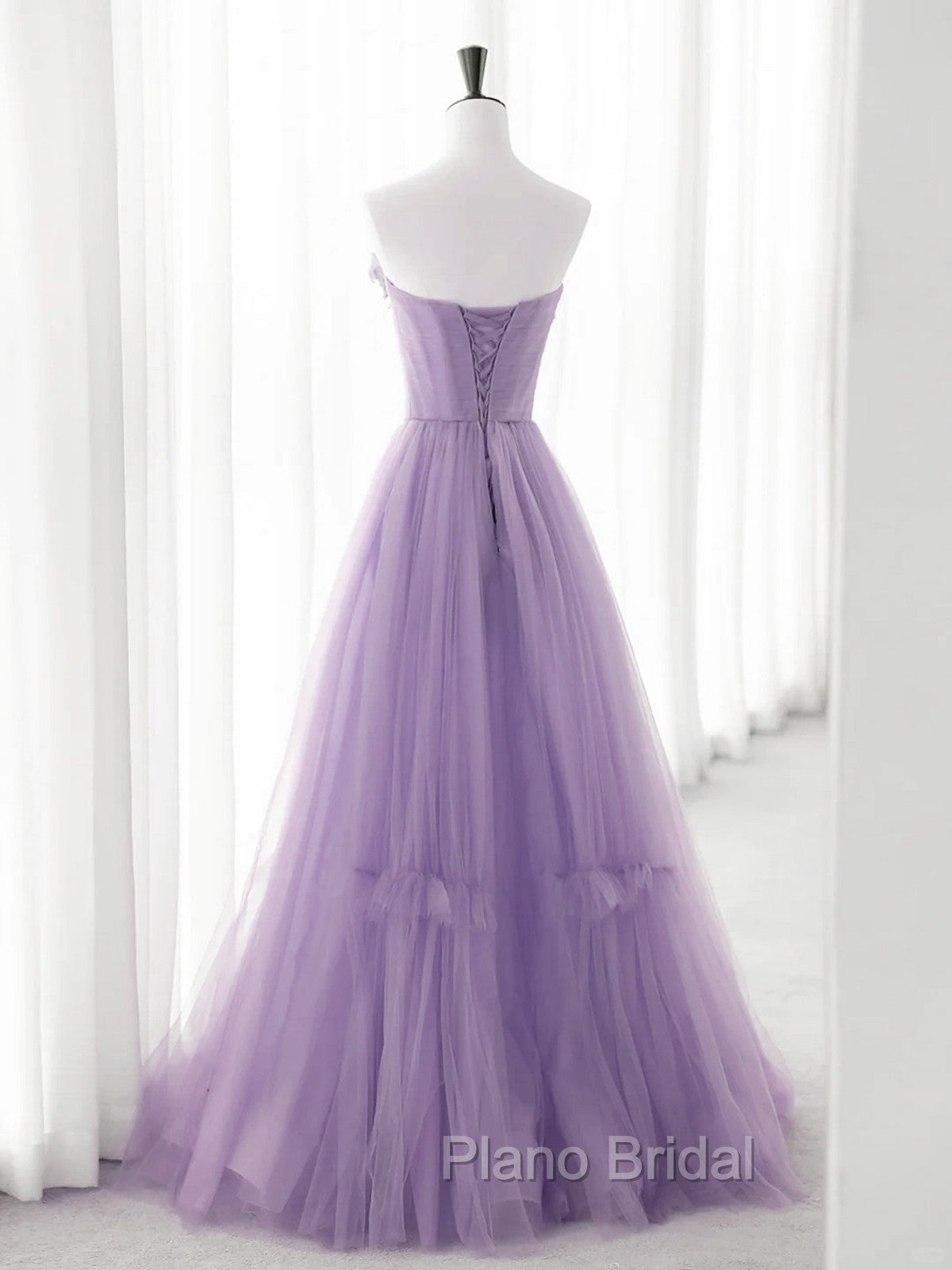 Cute Purple Tulle A-Line Long Formal Prom Dresses With Flowers, Purple Tulle Party Dresses