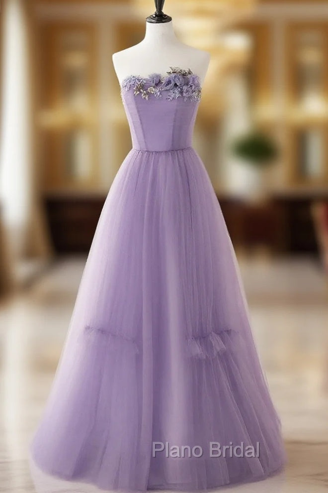 Cute Purple Tulle A-Line Long Formal Prom Dresses With Flowers, Purple Tulle Party Dresses