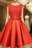 Cute Red Homecoming Dresses, Round Neckline Lace and Satin Party Dresses