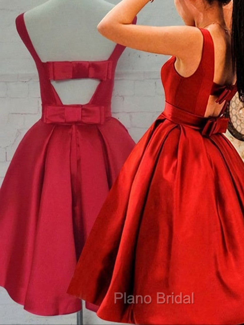 Cute Red Satin Scoop Sleeveless Short Party Dresses, Red Homecoming Dresses