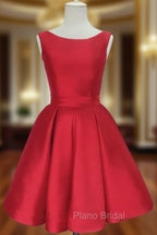 Cute Red Satin Scoop Sleeveless Short Party Dresses, Red Homecoming Dresses