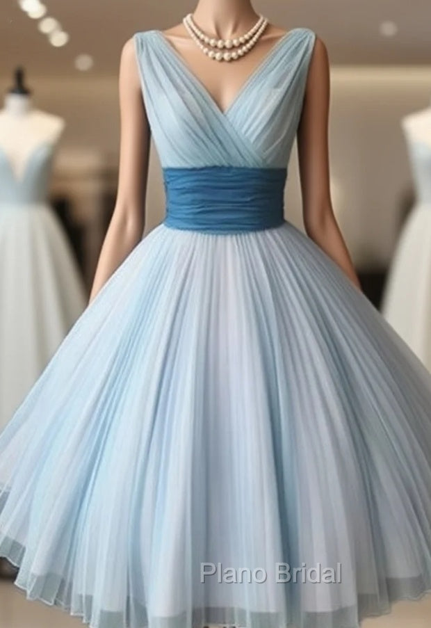 Cute Retro V Neck Blue Short Formal Prom Dresses, Bridesmaid Dresses