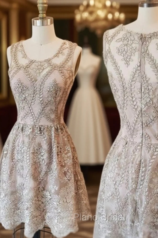 Cute Round Neck Lace Short Formal Prom Dresses, Homecoming Dresses, Bridesmaid Dresses Main image