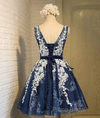 Cute Round Neck Lace Tulle Dark Blue Short Formal Prom Dresses, Bridesmaid Dresses
