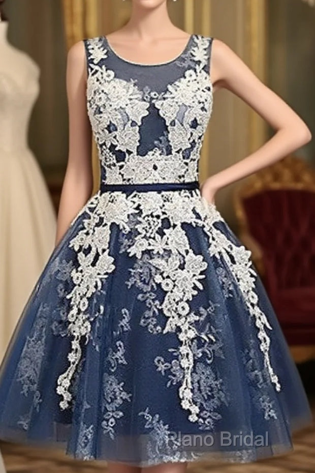 Cute Round Neck Lace Tulle Dark Blue Short Formal Prom Dresses, Bridesmaid Dresses Main image