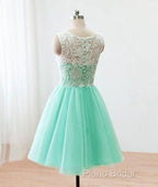 Cute Round Neck Lace Tulle Short Green Formal Prom Dresses, Bridesmaid Dresses