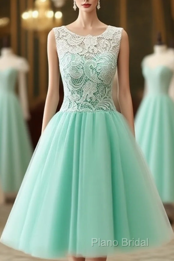 Cute Round Neck Lace Tulle Short Green Formal Prom Dresses, Bridesmaid Dresses Main image