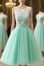 Cute Round Neck Lace Tulle Short Green Formal Prom Dresses, Bridesmaid Dresses