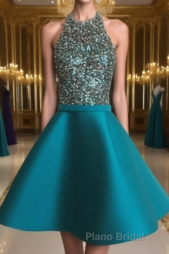 Cute Round Neck Sequin Backless Green Short Formal Prom Dresses, Green Homecoming Dresses
