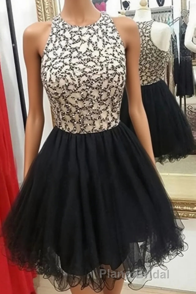 Cute Round-Neck Sequin Tulle Short Black Formal Prom Dresses, Black Homecoming Dresses Main image