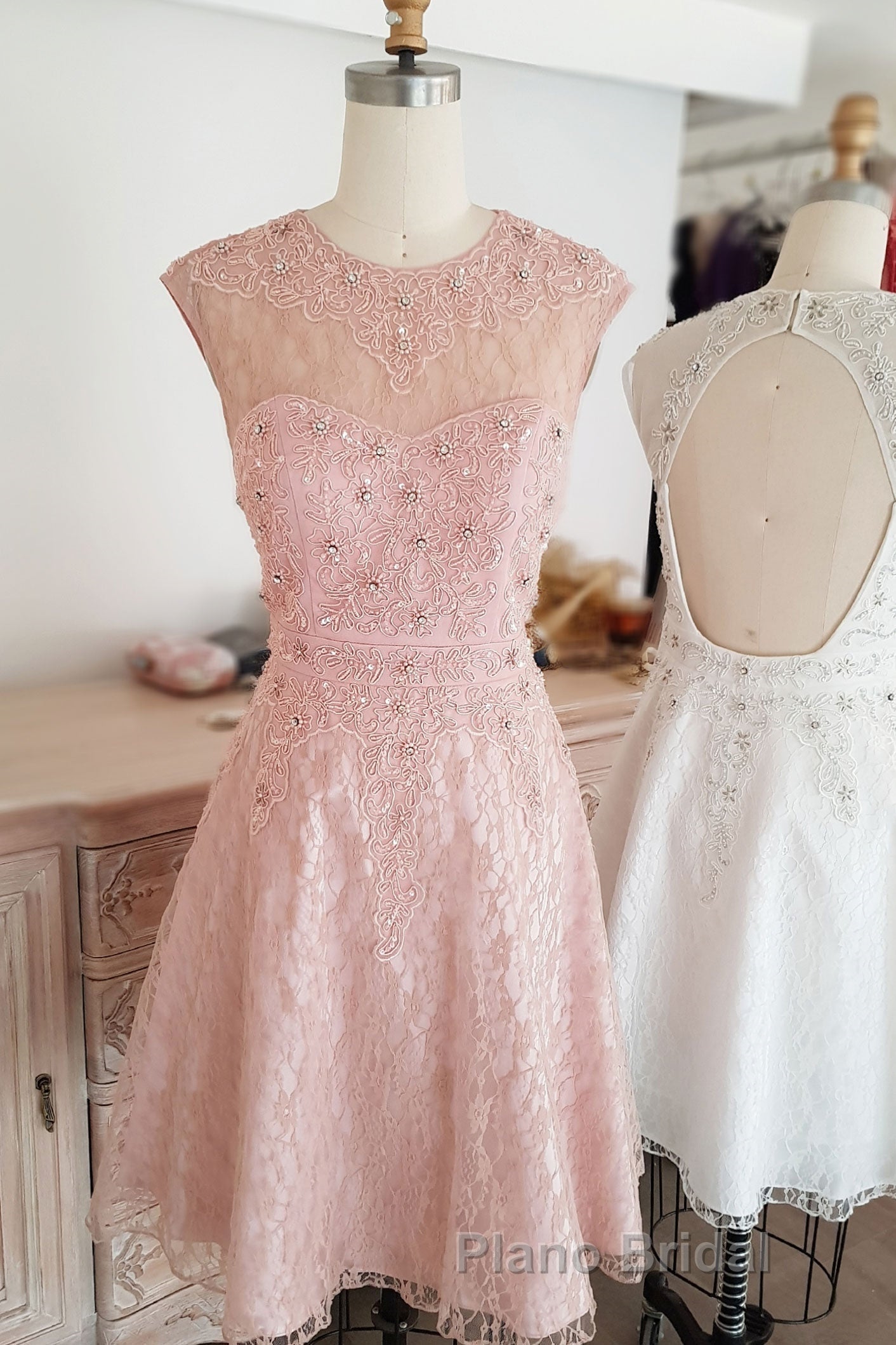 Cute round neck tulle lace short Formal Prom dress lace bridesmaid dress