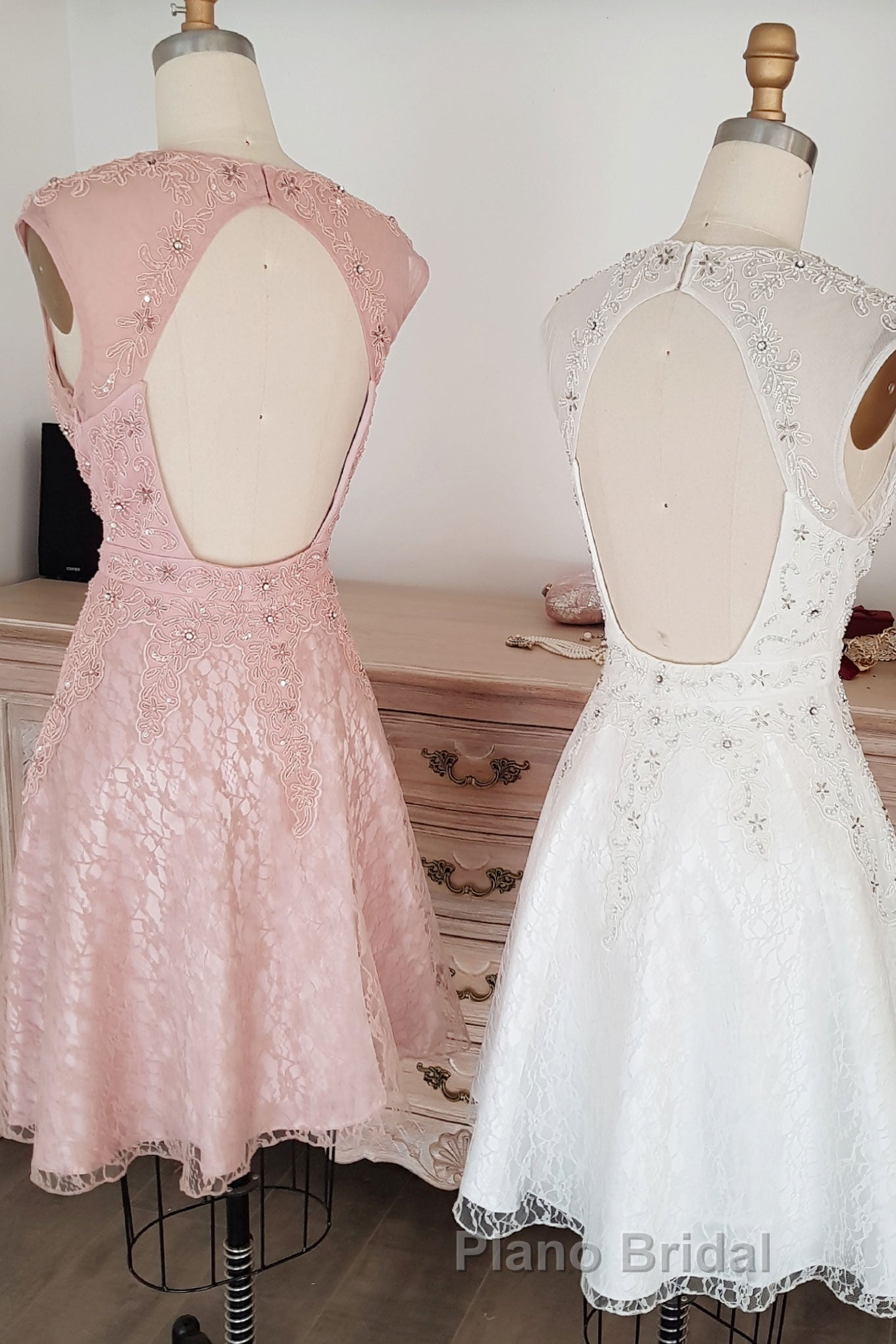 Cute round neck tulle lace short Formal Prom dress lace bridesmaid dress