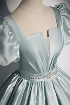 Cute Satin Floor Length Formal Prom Dresses, A-Line Short Sleeve Formal Party Dresses