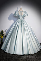 Cute Satin Floor Length Formal Prom Dresses, A-Line Short Sleeve Formal Party Dresses