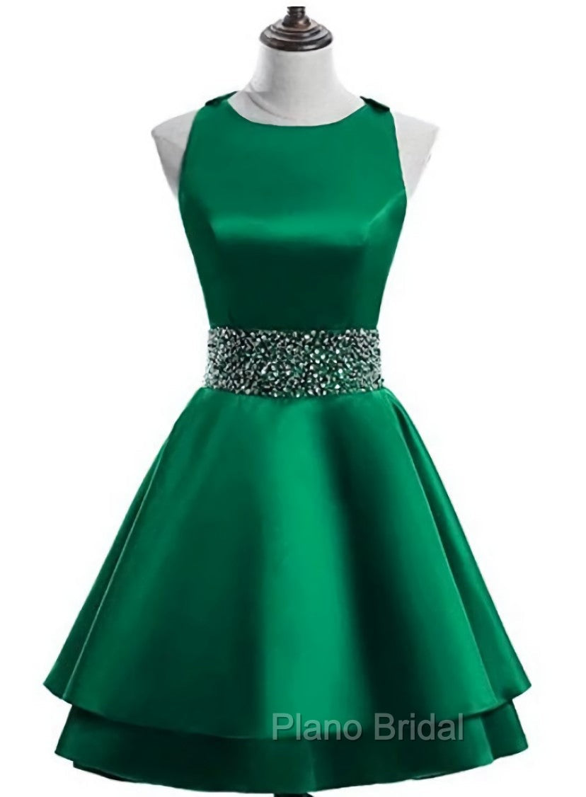 Cute Satin Knee Length Cross Back Beaded Party Dresses, Homecoming Dresses Secondary image