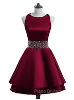 Cute Satin Knee Length Cross Back Beaded Party Dresses, Homecoming Dresses