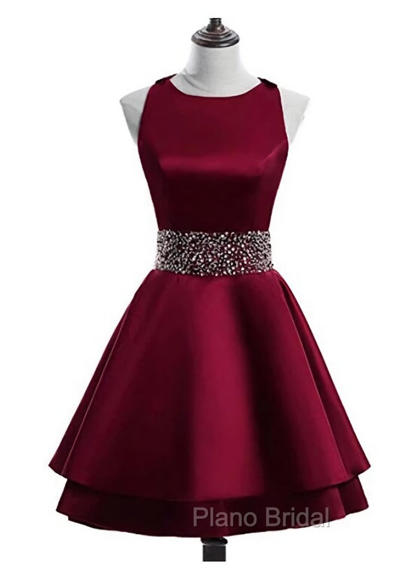 Cute Satin Knee Length Cross Back Beaded Party Dresses, Homecoming Dresses