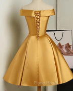 Cute Satin Knee Length Off Shoulder Homecoming Dresses, Formal Prom Dresses