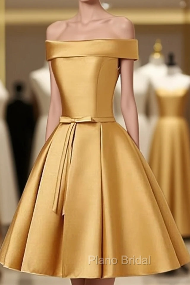 Cute Satin Knee Length Off Shoulder Homecoming Dresses, Formal Prom Dresses Main image