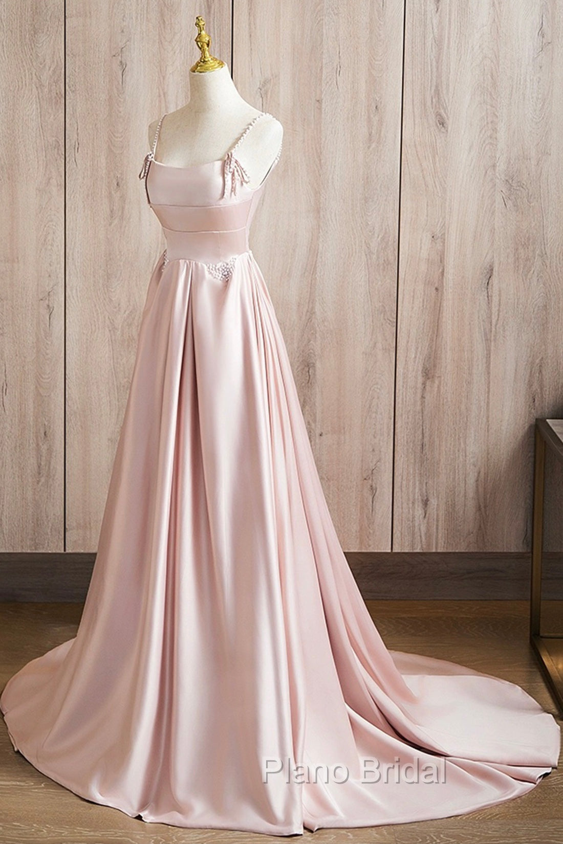 Cute Satin Long A-Line Pink Formal Prom Dresses, Spaghetti Straps Evening Dresses Secondary image
