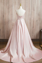 Cute Satin Long A-Line Pink Formal Prom Dresses, Spaghetti Straps Evening Dresses