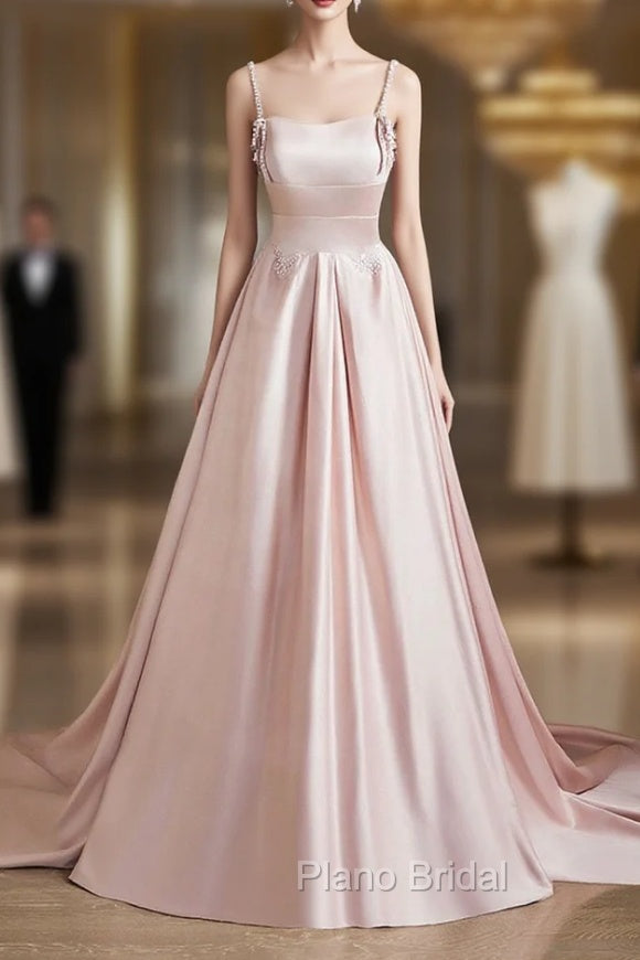 Cute Satin Long A-Line Pink Formal Prom Dresses, Spaghetti Straps Evening Dresses Main image