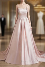 Cute Satin Long A-Line Pink Formal Prom Dresses, Spaghetti Straps Evening Dresses