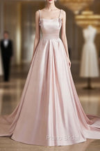 Cute Satin Long A-Line Pink Formal Prom Dresses, Spaghetti Straps Evening Dresses