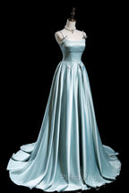 Cute Satin Long A-Line Formal Prom Dresses, Ice Blue Spaghetti Straps Evening Dresses