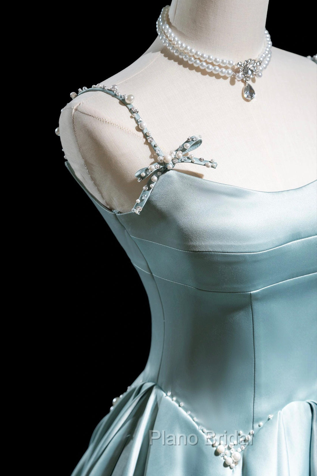 Cute Satin Long A-Line Formal Prom Dresses, Ice Blue Spaghetti Straps Evening Dresses