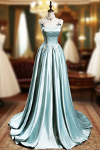 Cute Satin Long A-Line Formal Prom Dresses, Ice Blue Spaghetti Straps Evening Dresses