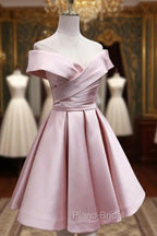 Cute Satin Pink Sweetheart Off Shoulder Knee Length Party Dresses, Short Formal Prom Dresses