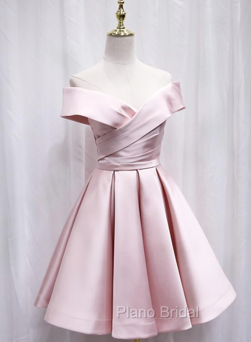 Cute Satin Pink Sweetheart Off Shoulder Knee Length Party Dresses, Short Formal Prom Dresses Main image