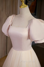 Cute Satin Tulle Long Formal Prom Dresses, A-Line Short Sleeve Evening Dresses