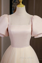 Cute Satin Tulle Long Formal Prom Dresses, A-Line Short Sleeve Evening Dresses