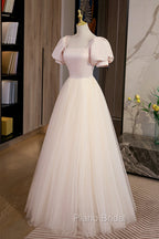 Cute Satin Tulle Long Formal Prom Dresses, A-Line Short Sleeve Evening Dresses