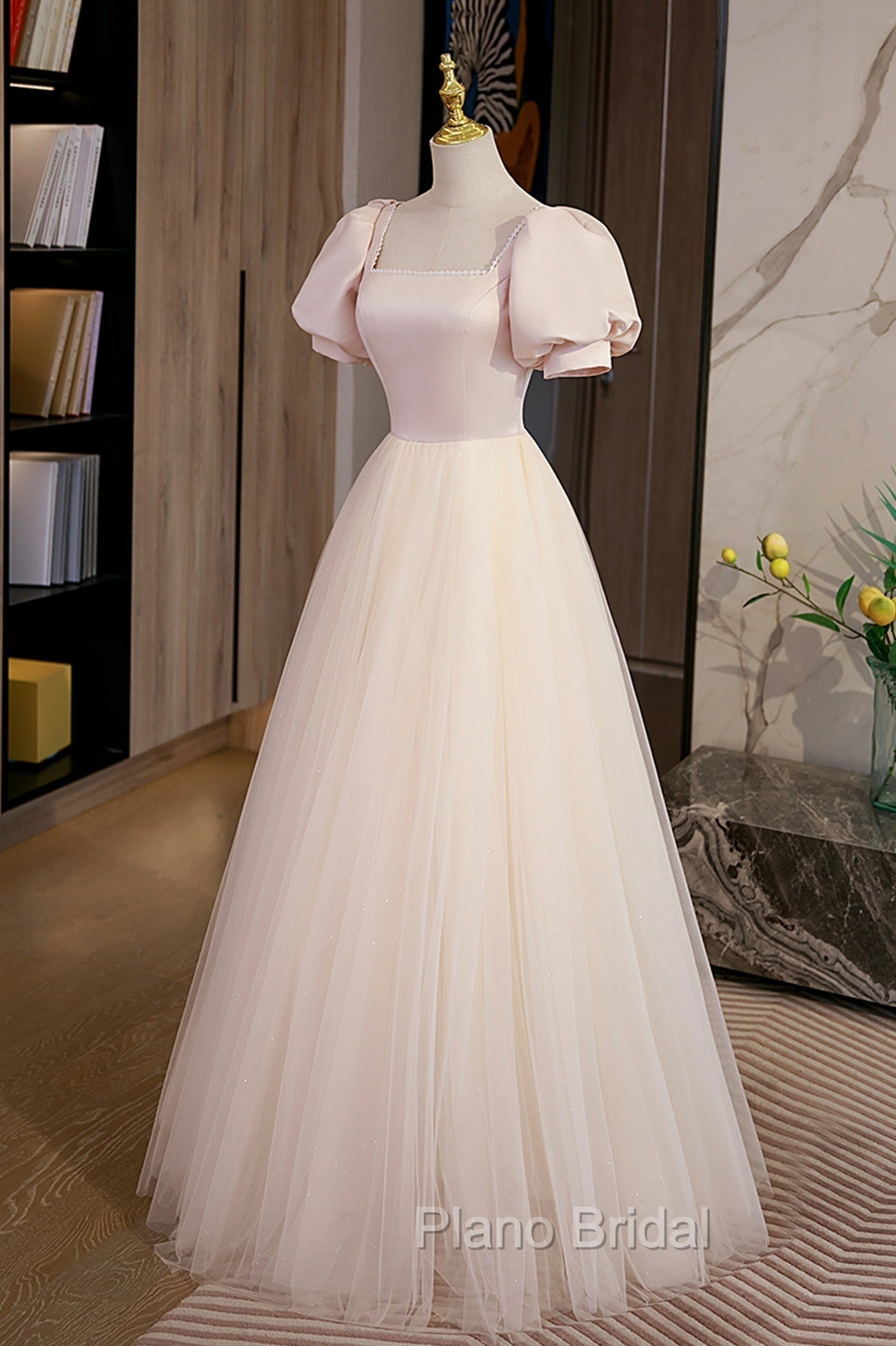 Cute Satin Tulle Long Formal Prom Dresses, A-Line Short Sleeve Evening Dresses
