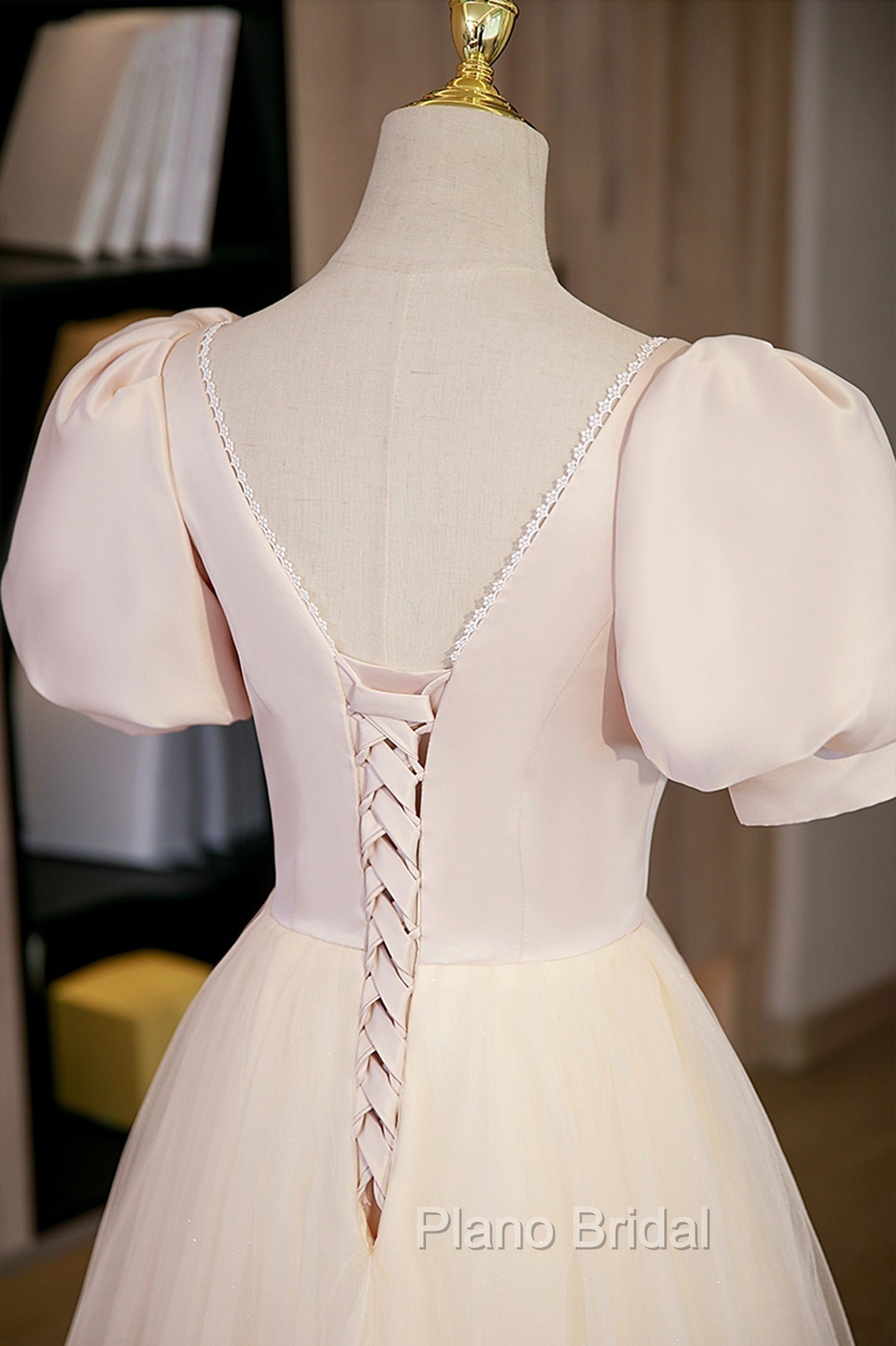 Cute Satin Tulle Long Formal Prom Dresses, A-Line Short Sleeve Evening Dresses