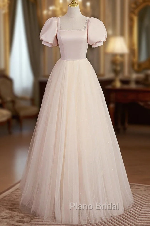 Cute Satin Tulle Long Formal Prom Dresses, A-Line Short Sleeve Evening Dresses