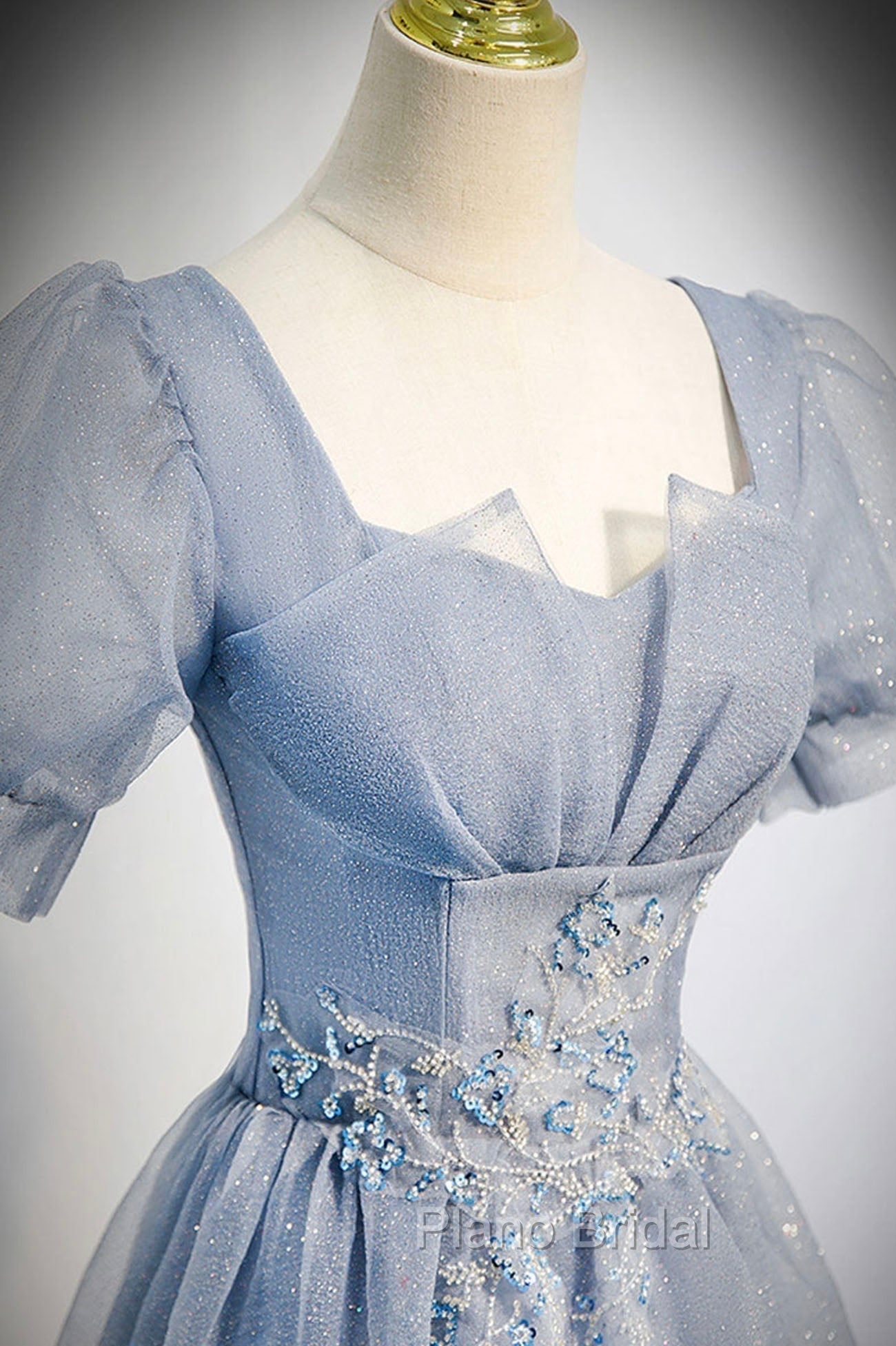 Cute Shiny Tulle Long Formal Prom Dresses, A-Line Short Sleeve Evening Party Dresses Secondary image